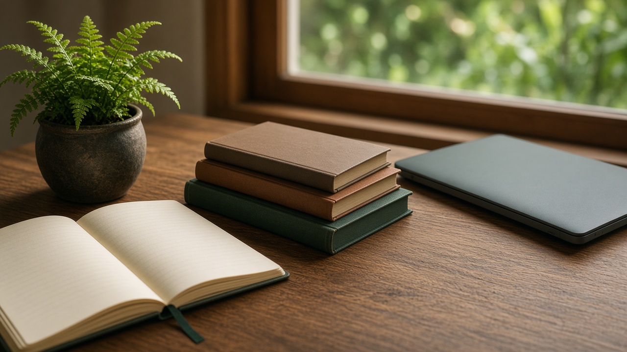 Books, notebook, and plants on a study desk