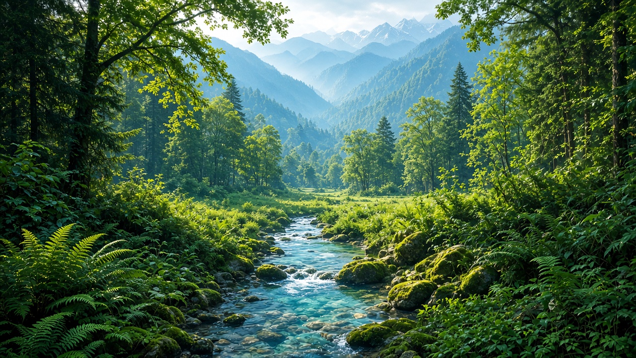 Sunlit forest canopy and stream in the Himalayan foothills