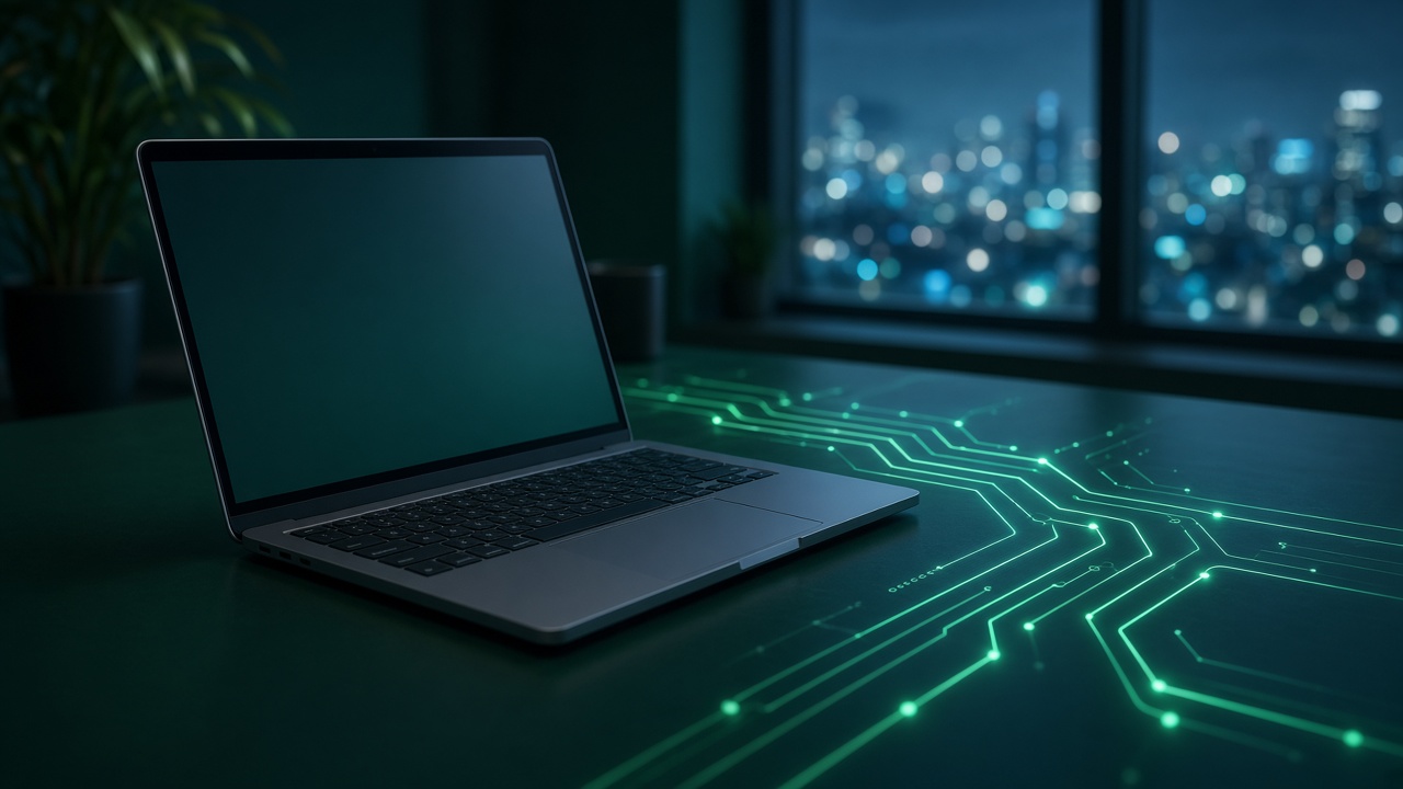 Laptop and soft circuit lighting on a teal desk