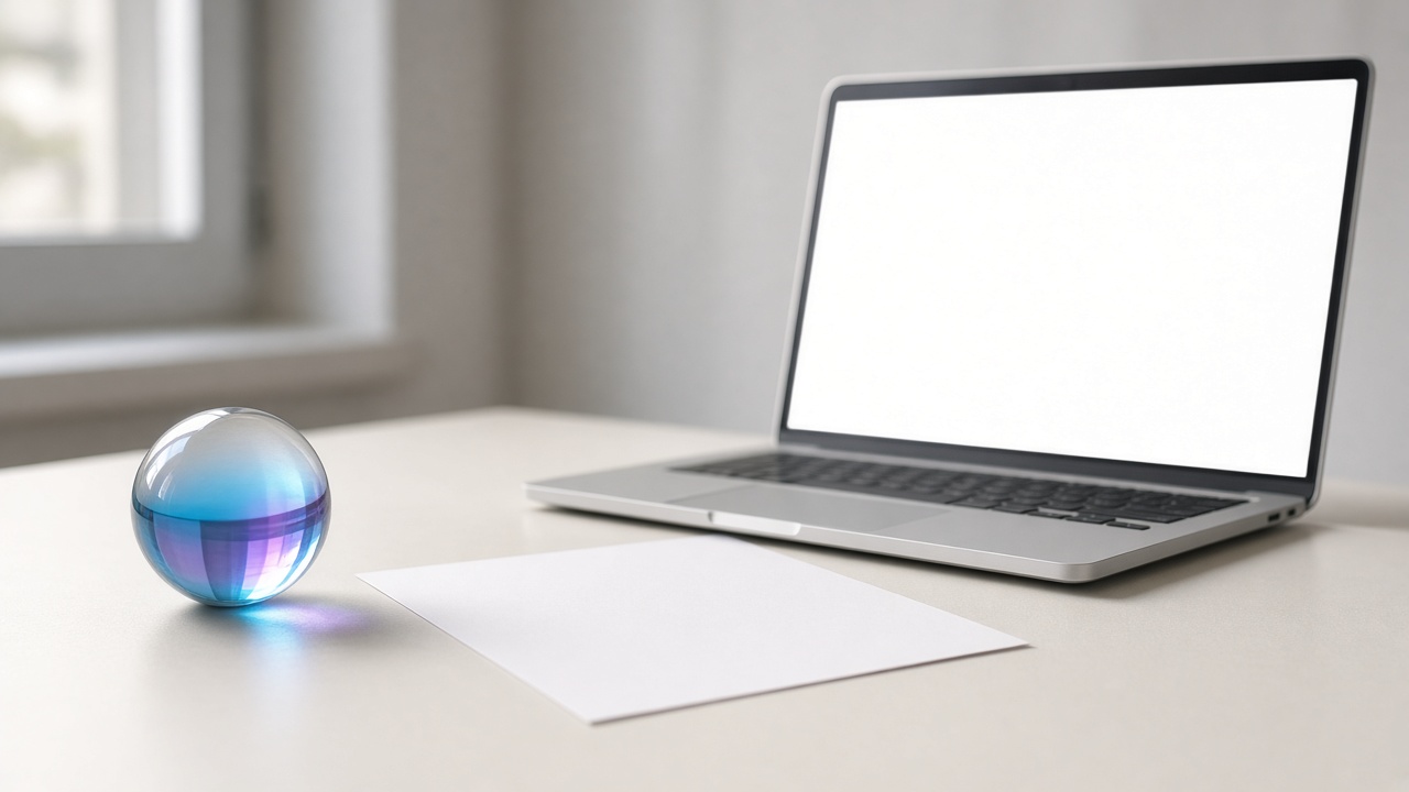 A glass sphere, a blank sheet, and a laptop with a blank screen on a pale desk
