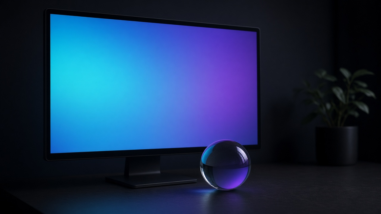 A monitor with a smooth cyan and violet screen and a glass sphere