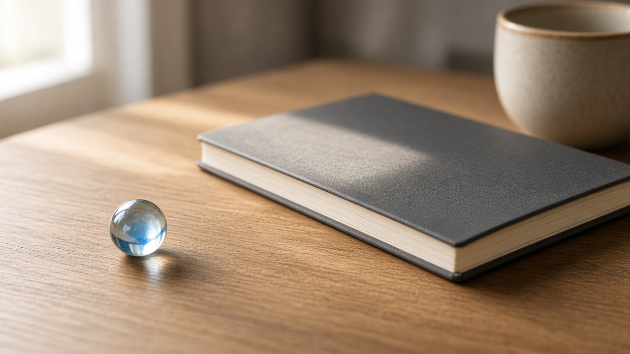 A small glass marble, a closed notebook, and a cup on a wooden desk