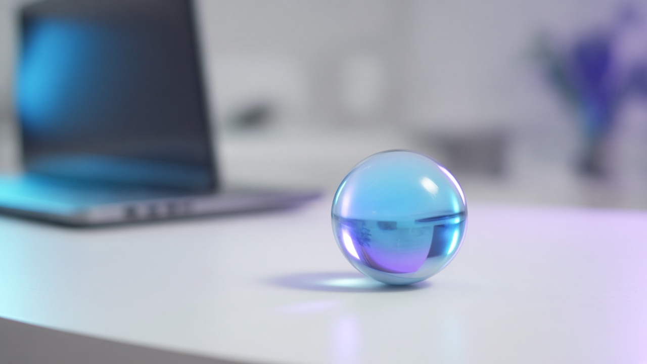 A glass sphere catching cyan and violet light on a white desk