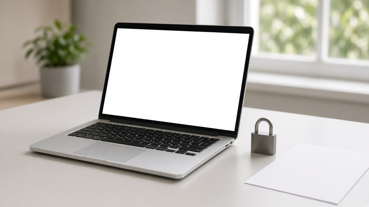 A laptop with a blank screen beside a closed padlock and a blank sheet of paper