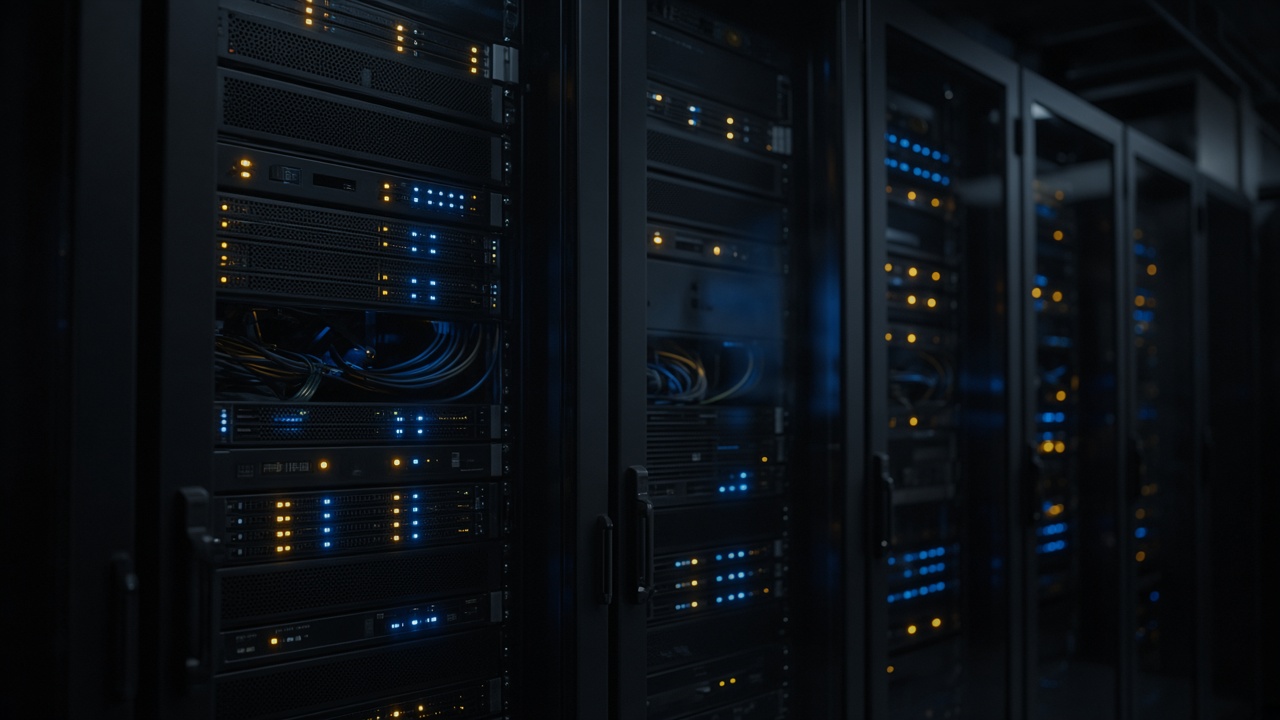 Server cabinets with blue and amber lights in a dark room