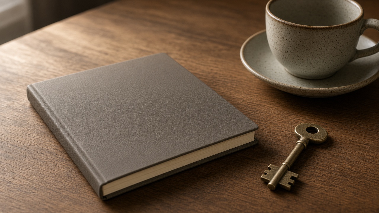 A closed notebook, a brass key, and a cup on a wooden desk