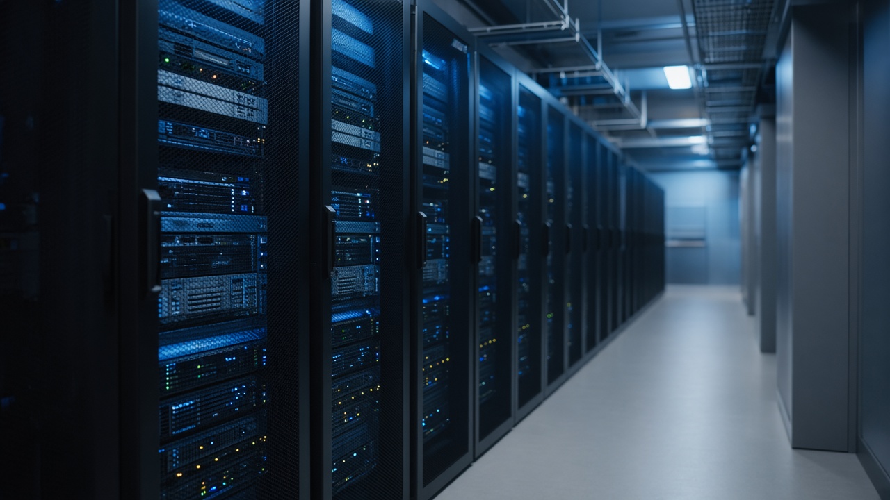 A quiet aisle of server racks lit with blue light