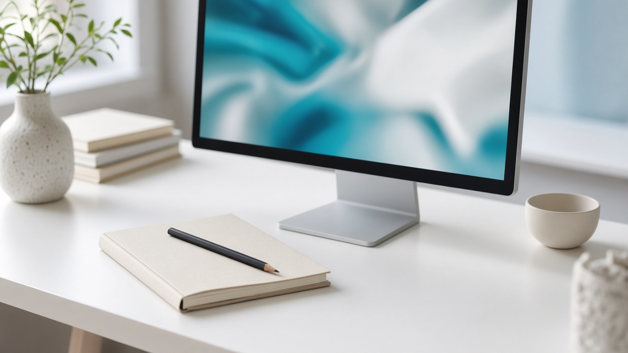 A monitor with soft teal shapes and a notebook with a pencil
