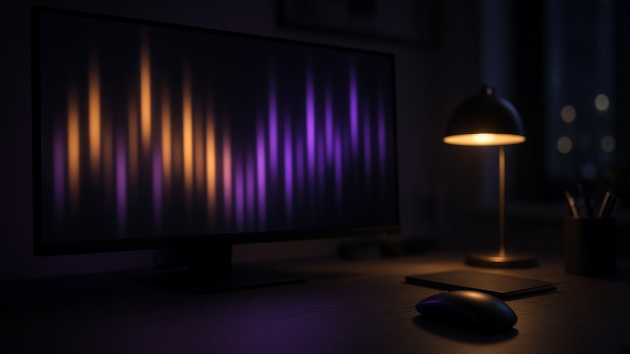 A dark monitor with amber and violet bars beside a small lamp