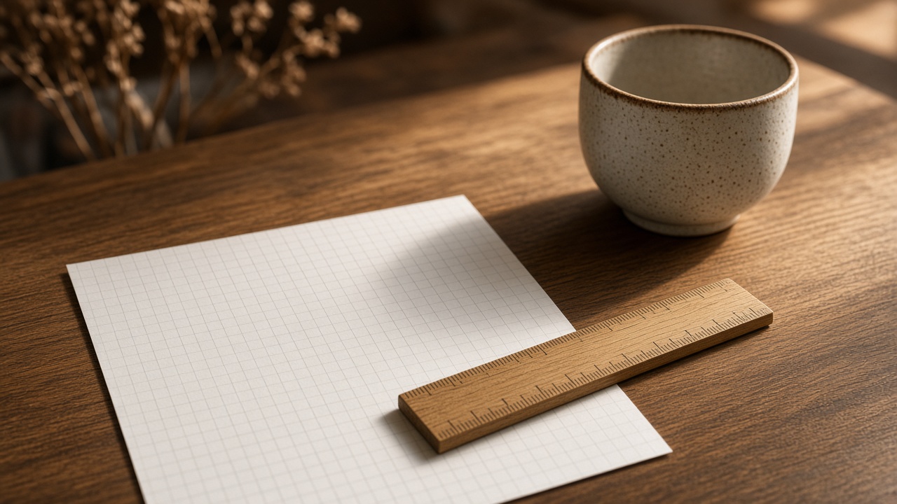 Graph paper, a wooden ruler, and a ceramic cup on a wooden table
