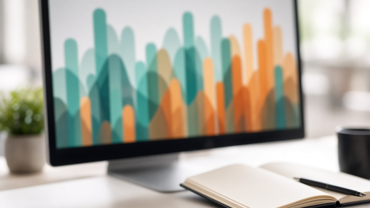 A monitor filled with soft teal and amber chart shapes