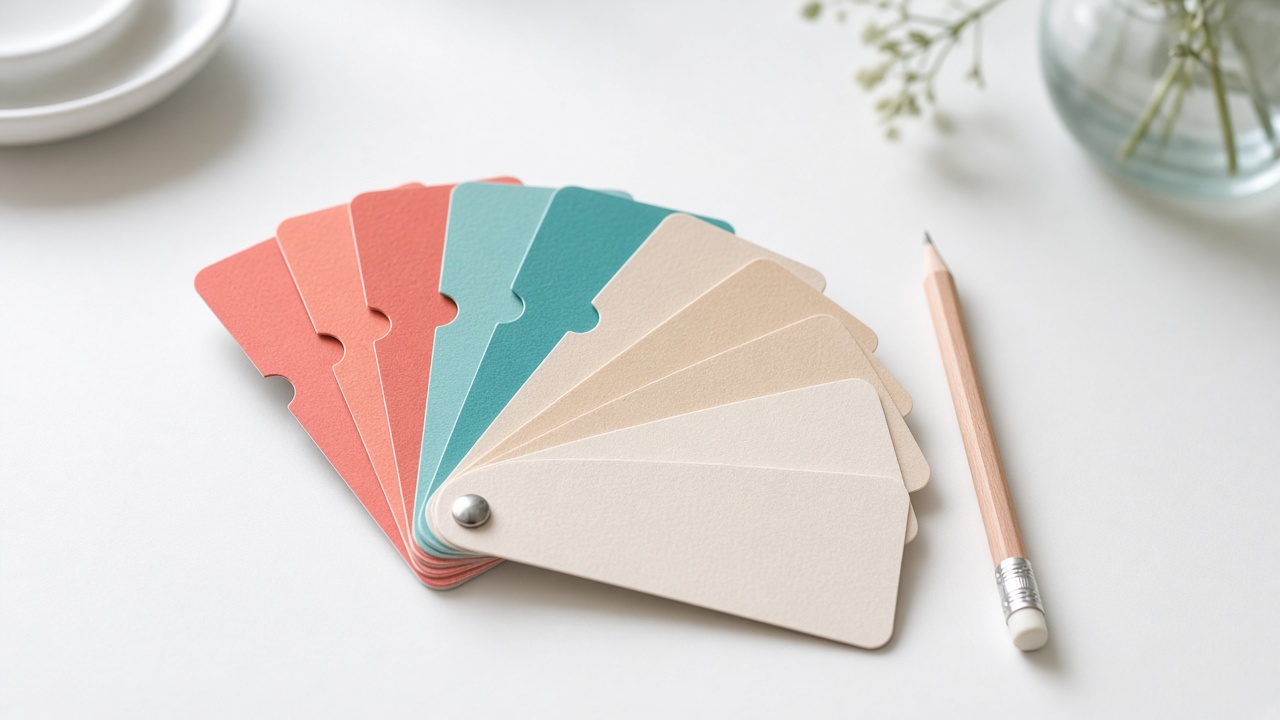 A fan of coral, teal, and sand color swatches beside a pencil