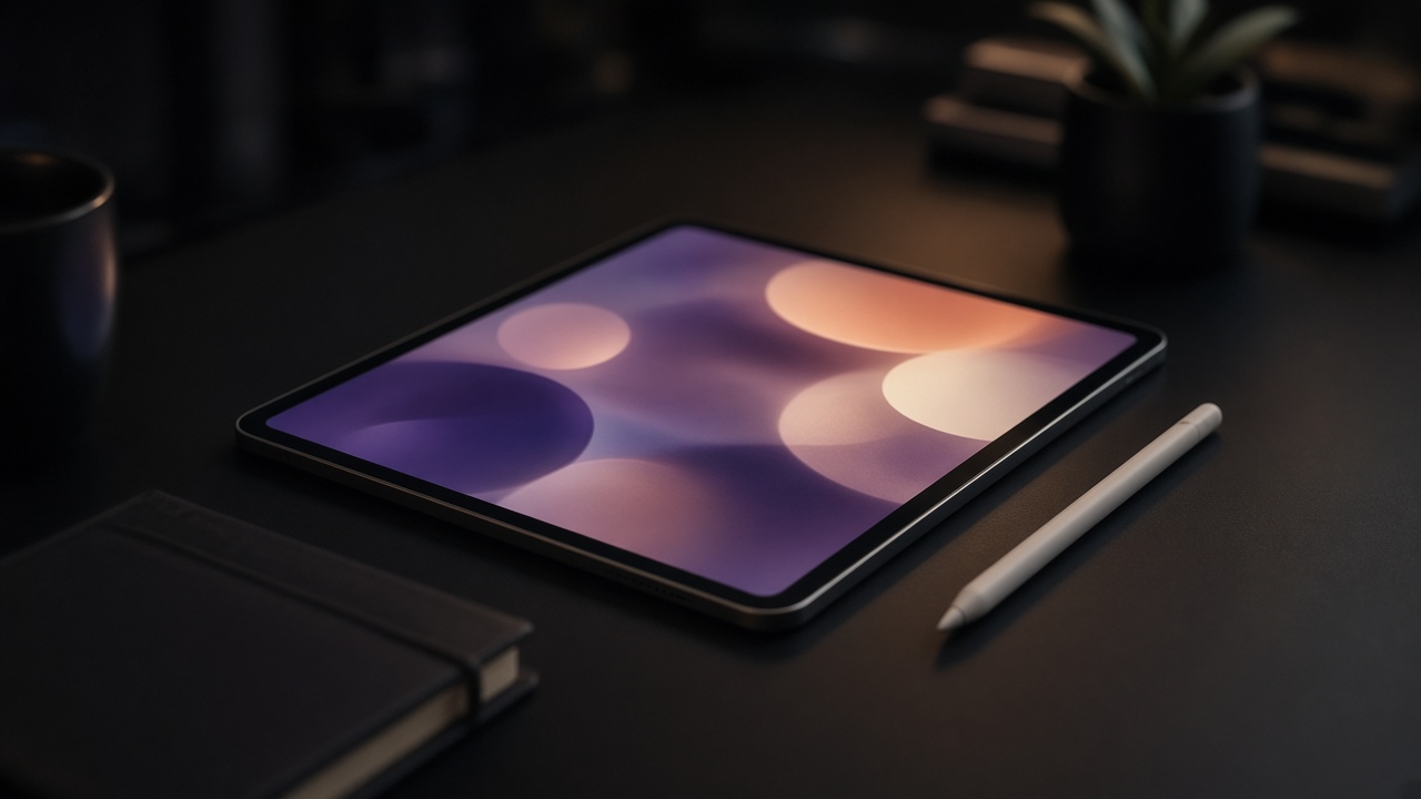 A tablet with soft violet and peach circles and a stylus