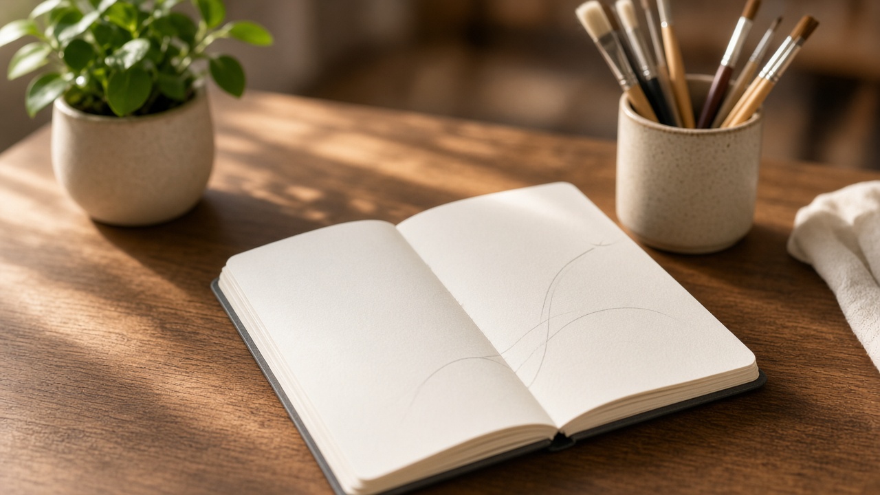 An open sketchbook with a few pencil curves and a cup of brushes
