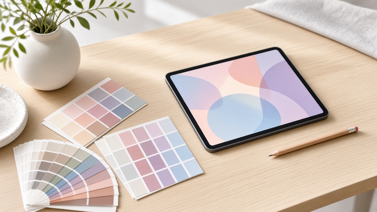 Color swatches and a tablet with abstract pastel shapes on a wooden table