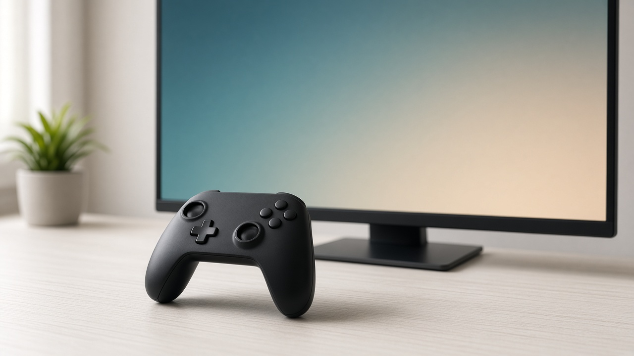 A plain controller in front of a monitor with a teal and sand screen