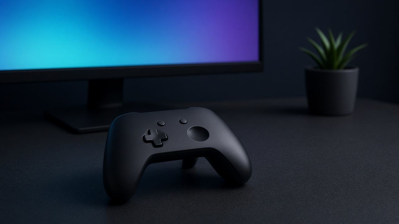 A plain controller in front of a monitor with a cyan and violet screen