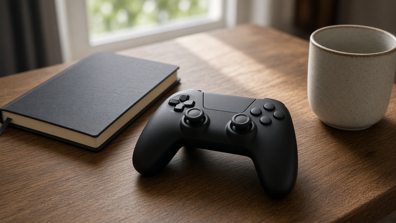 A plain controller, a closed notebook, and a cup on a wooden desk