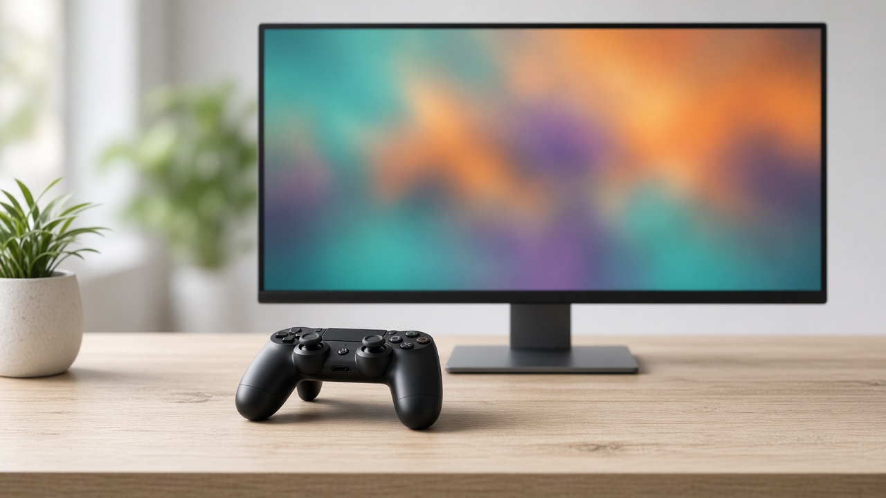 A game controller in front of a monitor with a soft teal and amber screen