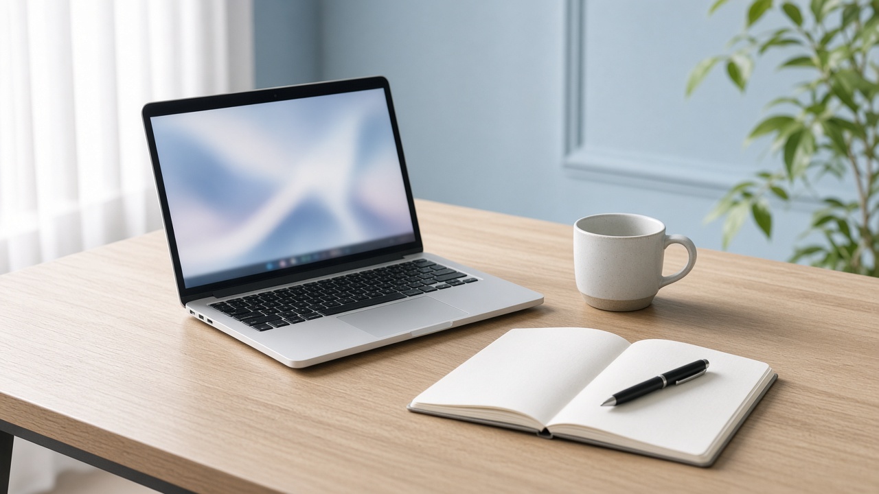 A laptop, an open notebook, and a cup on a bright wooden desk