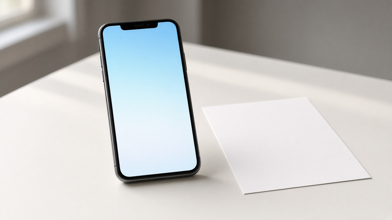 A phone with a blank blue screen beside a blank sheet on a pale desk