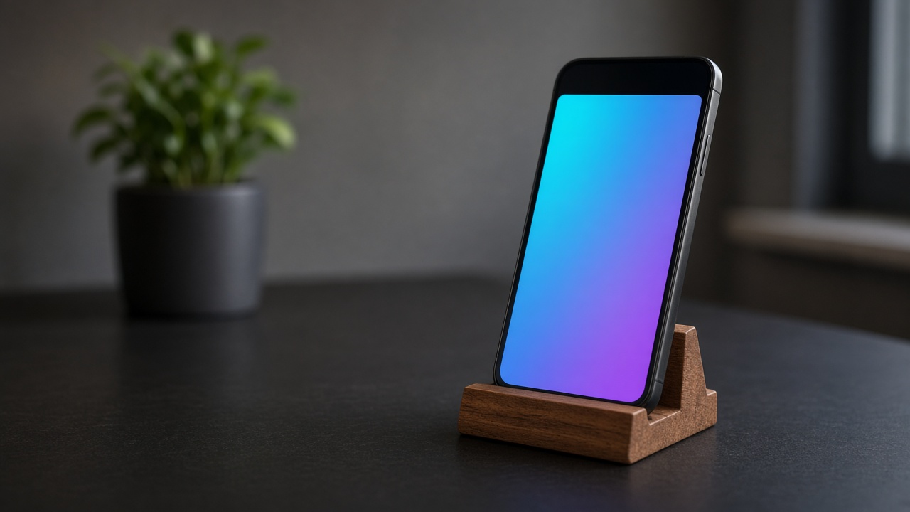 A phone with a cyan and violet screen in a wooden stand on a dark desk