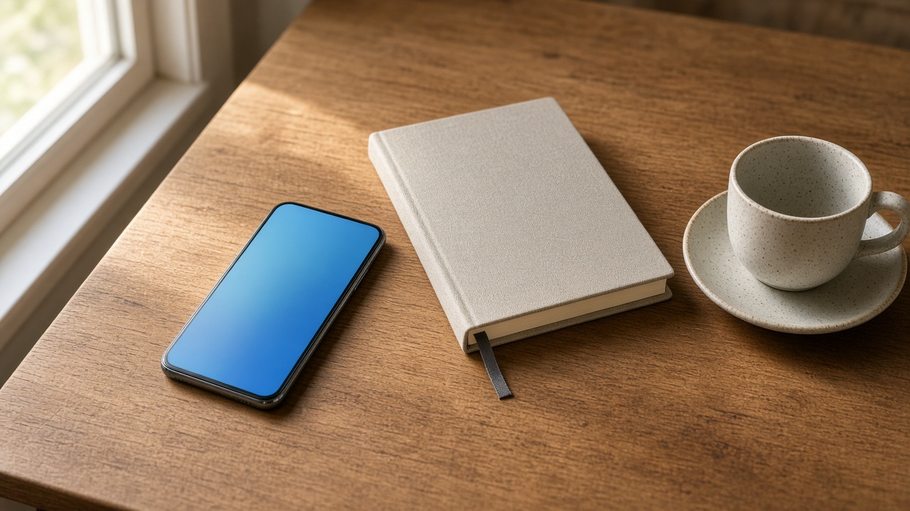 A phone with a blank blue screen, a closed notebook, and a cup on a wooden desk