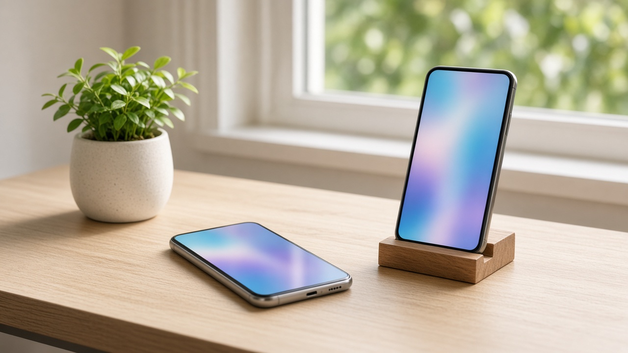 Two phones with soft cyan and violet screens on a wooden desk