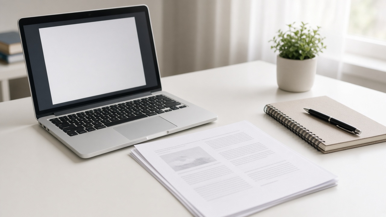 A laptop with a blank page and a printed document on a white desk