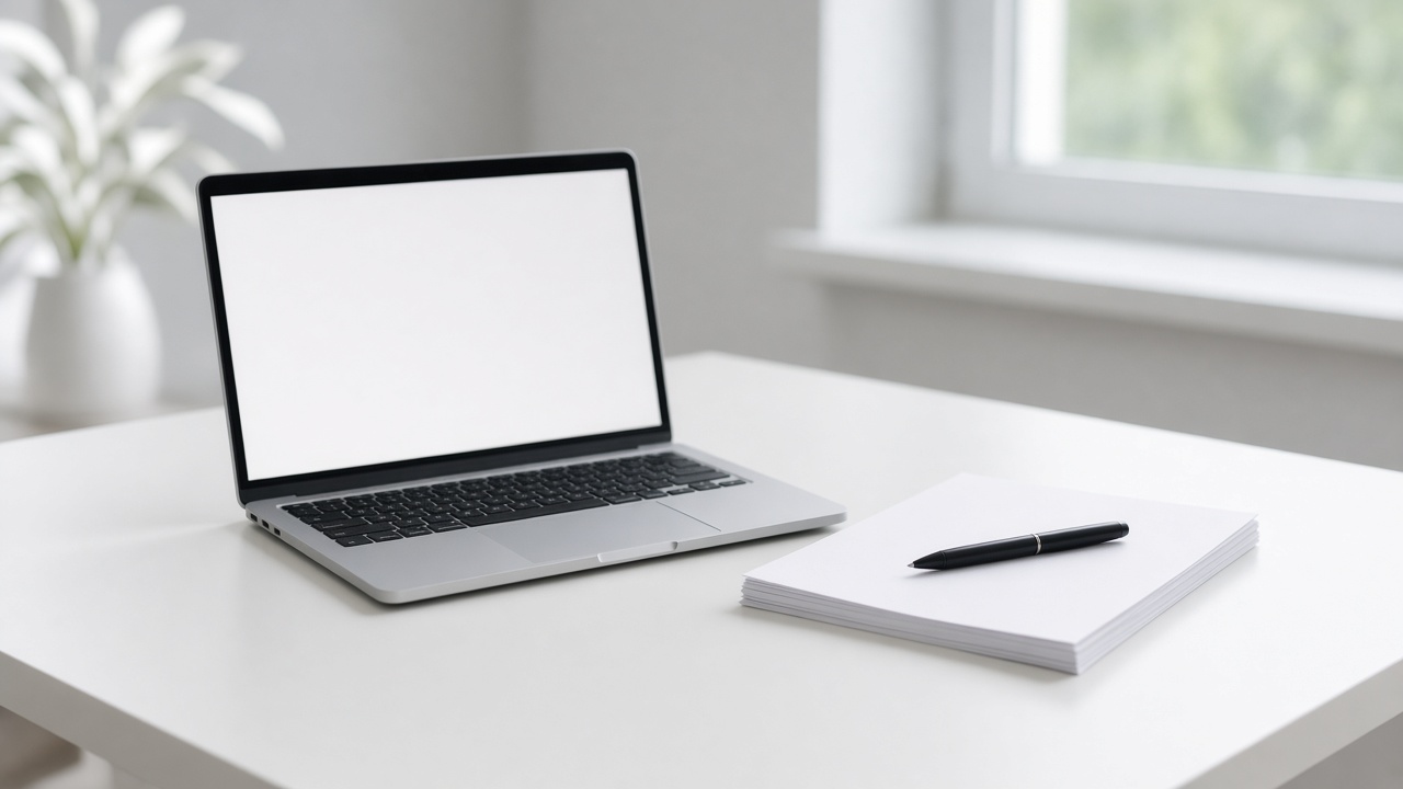 A laptop with a blank screen and a pen on blank paper