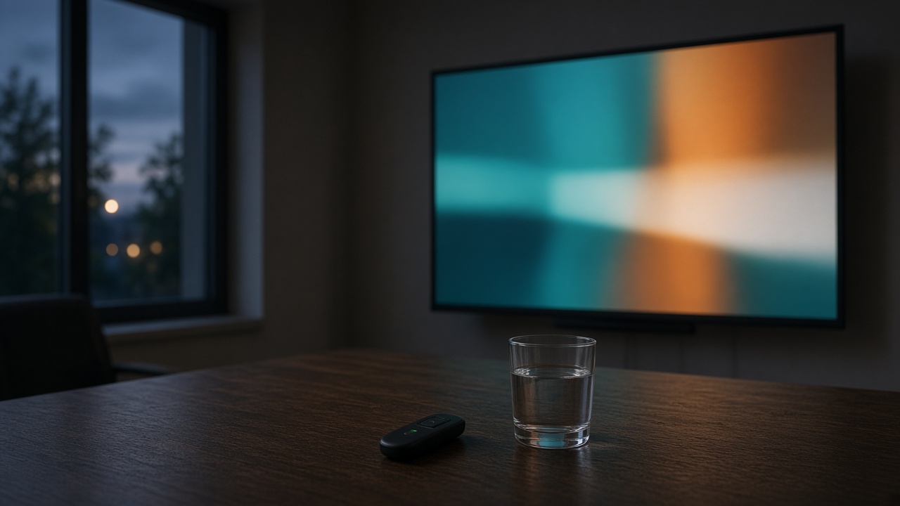 A screen with soft teal and amber color and a glass of water