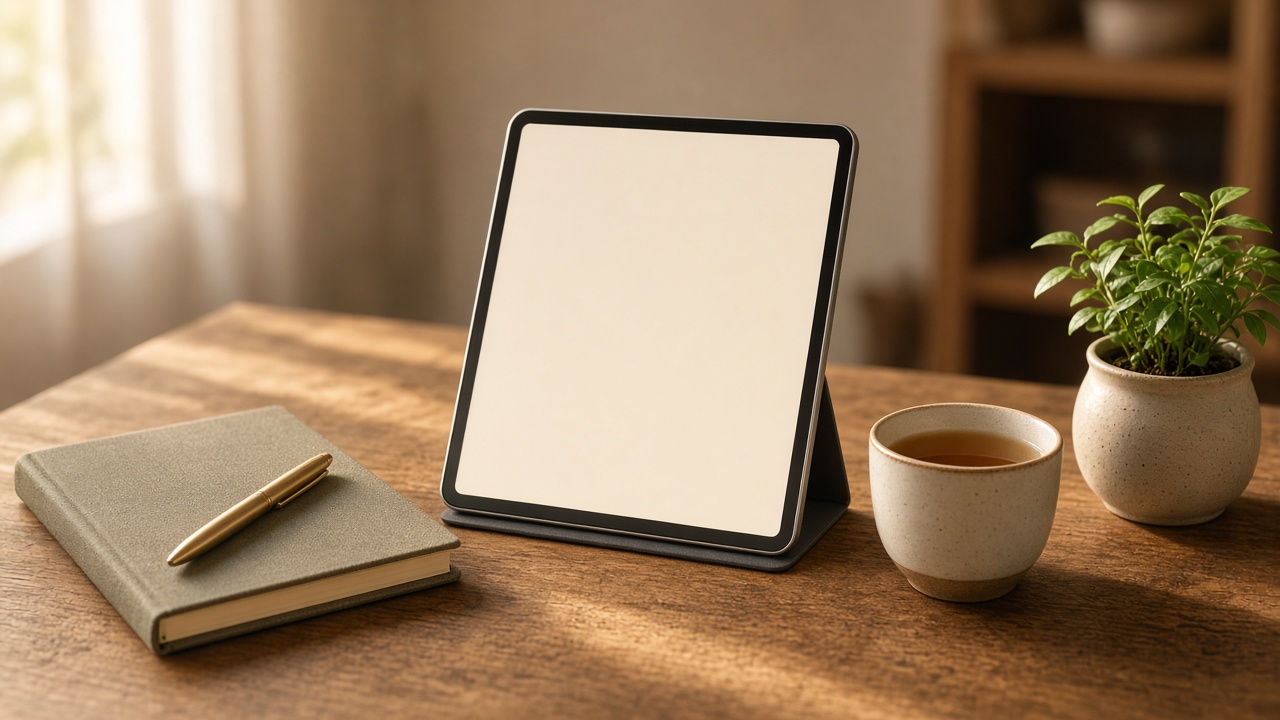 A tablet, a notebook, and a cup of tea on a wooden desk