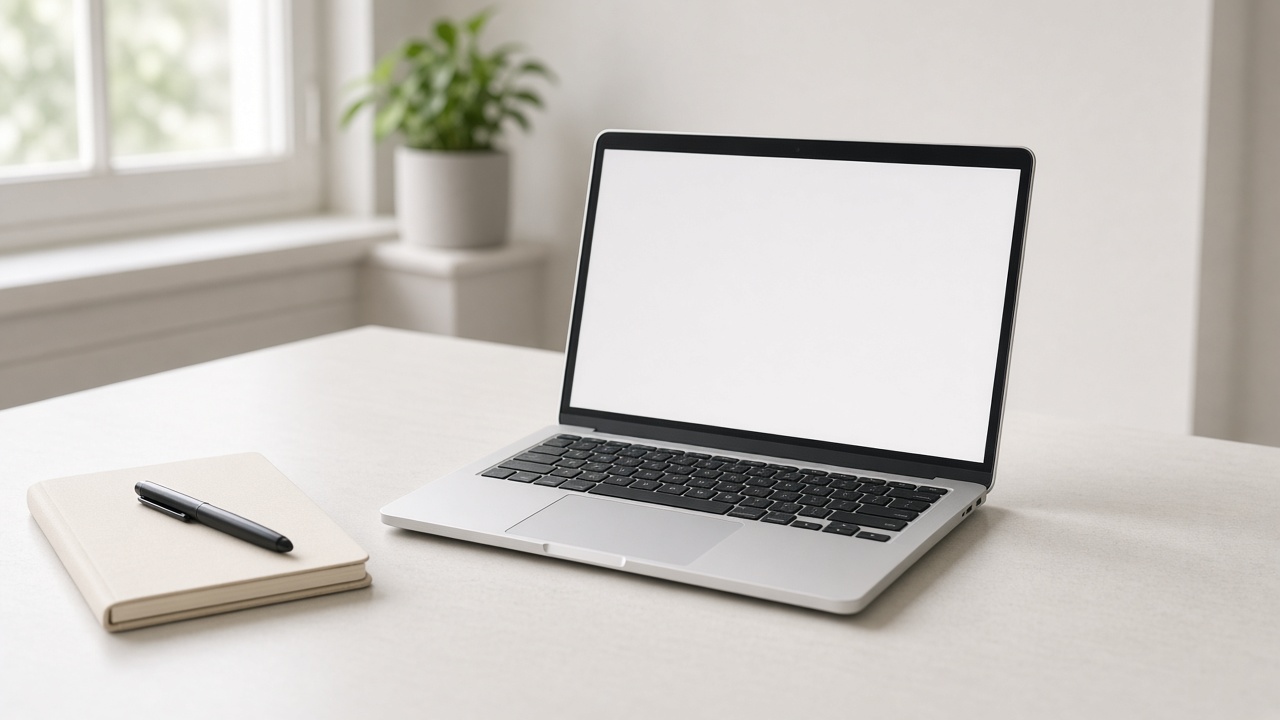 A laptop with a blank screen, a closed notebook, and a pen on a pale desk