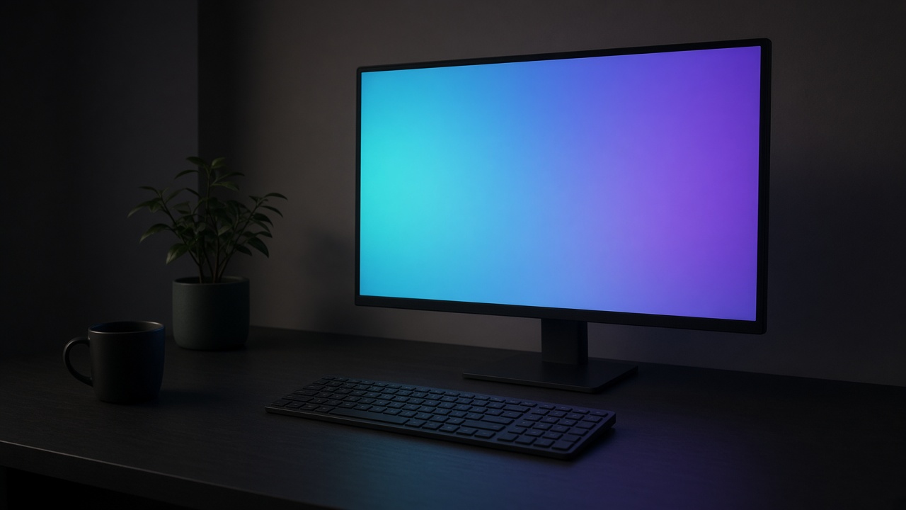 A monitor with a smooth cyan and violet screen and a keyboard on a dark desk