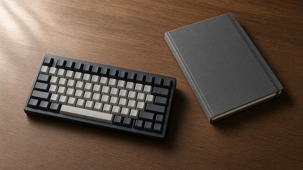 A compact keyboard and a closed notebook on a wooden desk