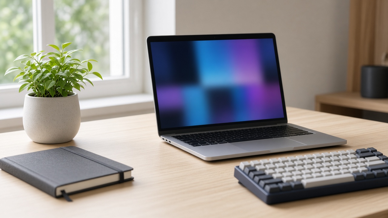 A laptop with a soft blue and violet screen, a keyboard, and a closed notebook