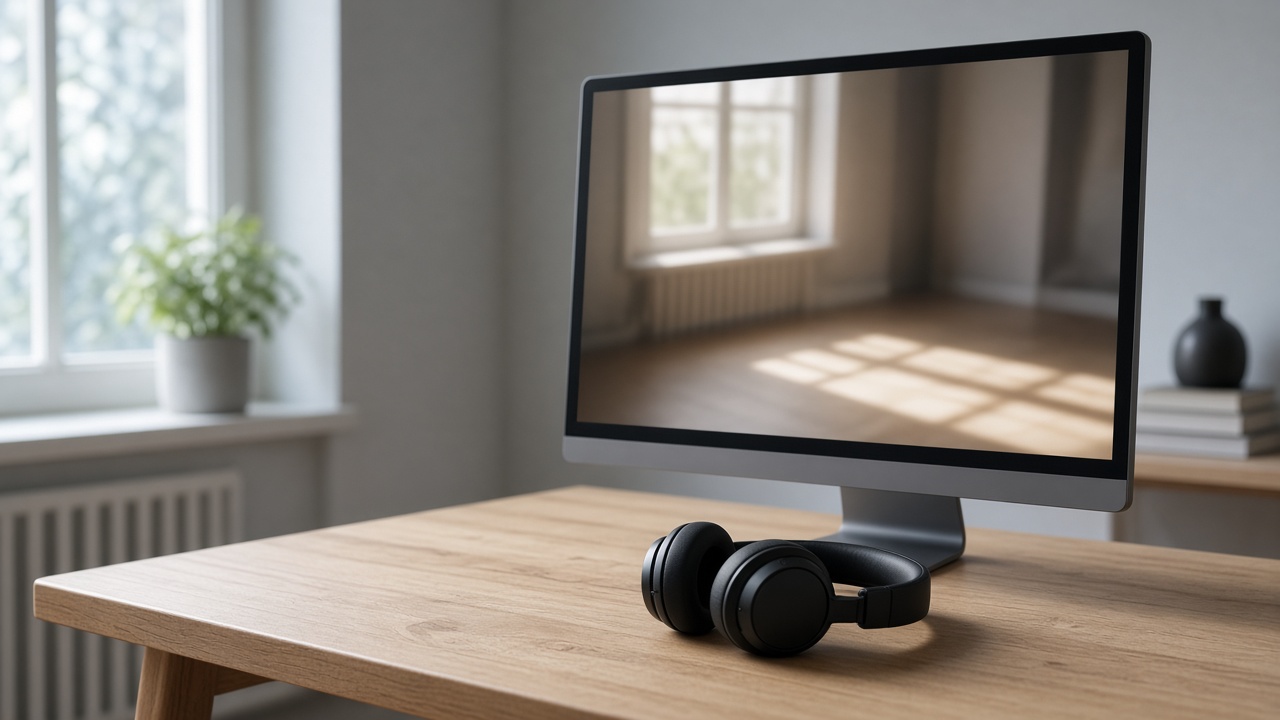 Headphones in front of a monitor showing a sunlit empty room