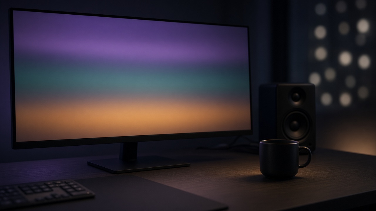 A dark desk with a monitor of violet and amber bands and a speaker