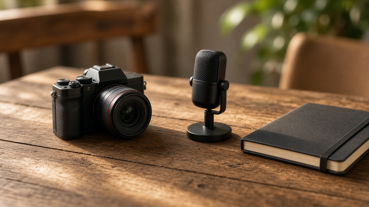 A camera, a small microphone, and a closed notebook on a wooden table