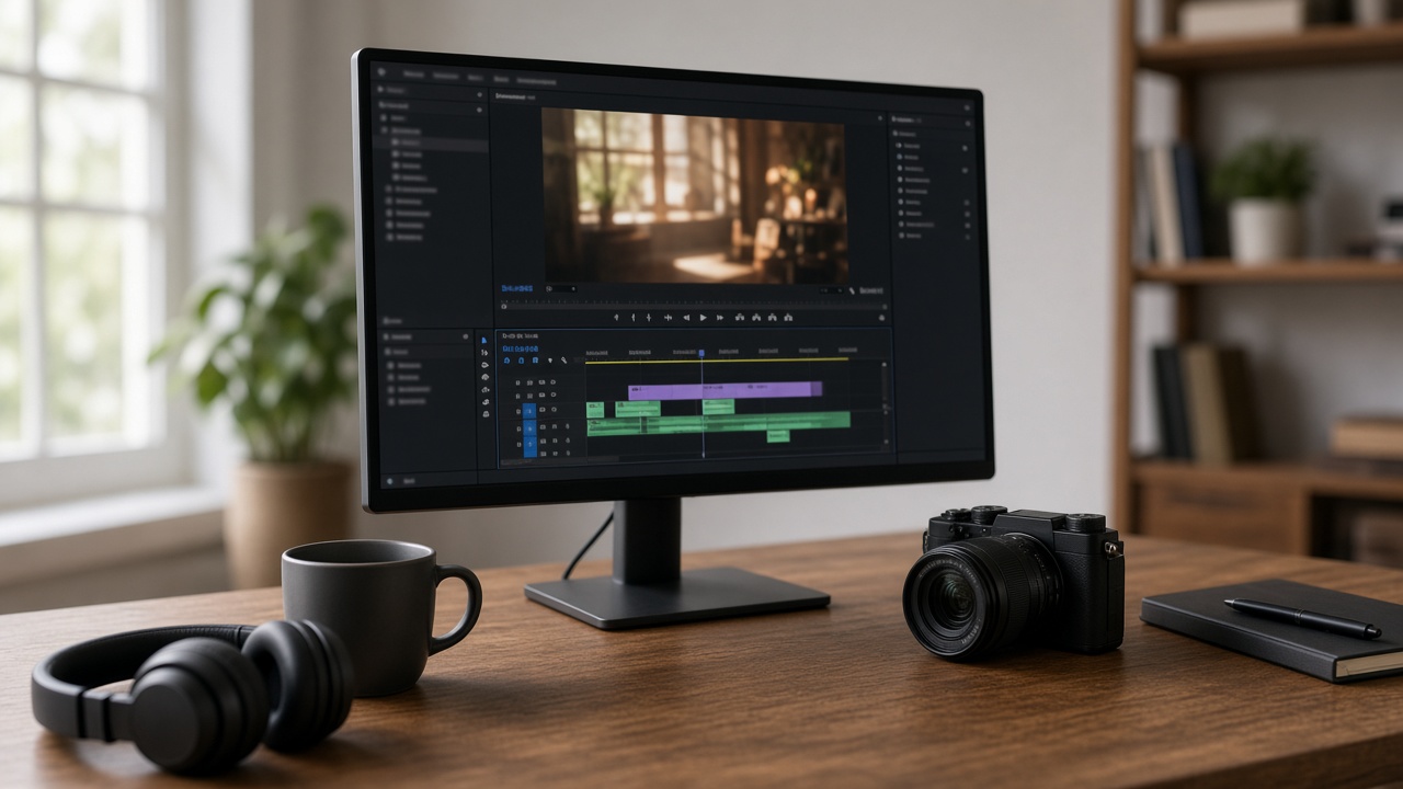 A monitor with a film frame, headphones, and a camera on a wooden desk