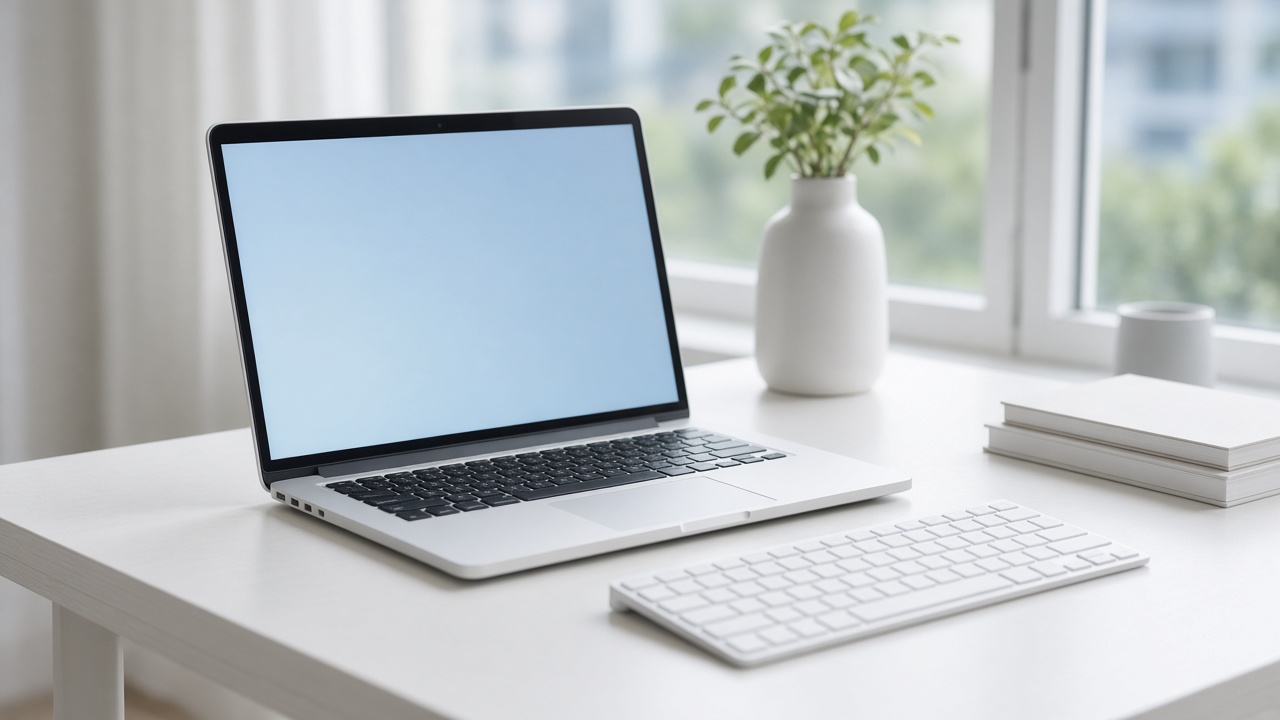A laptop with a pale blue screen and a white keyboard
