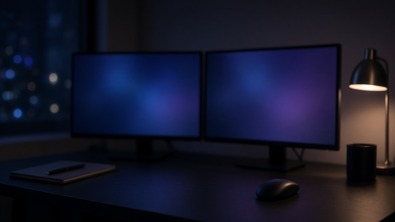 Two monitors with soft blue and violet screens beside a lamp