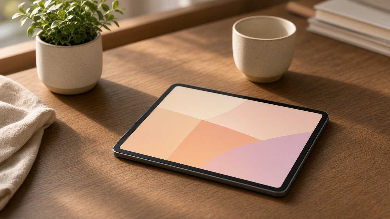 A tablet with soft pastel shapes on a wooden desk