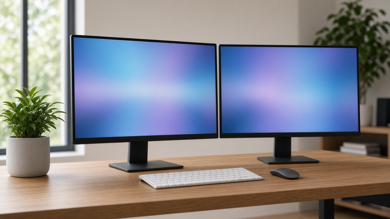 Two monitors with soft blue and violet screens on a wooden desk